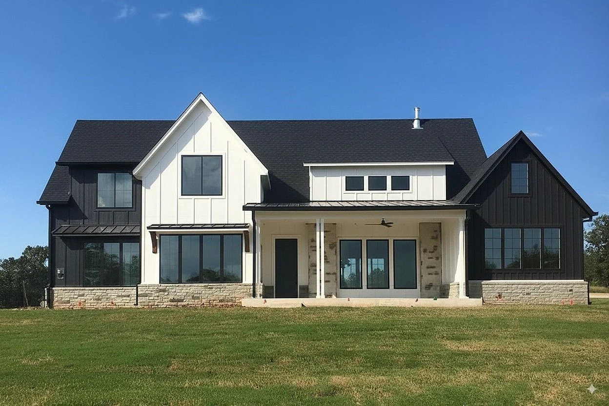 House with contrasting white and dark vertical siding and stone accents